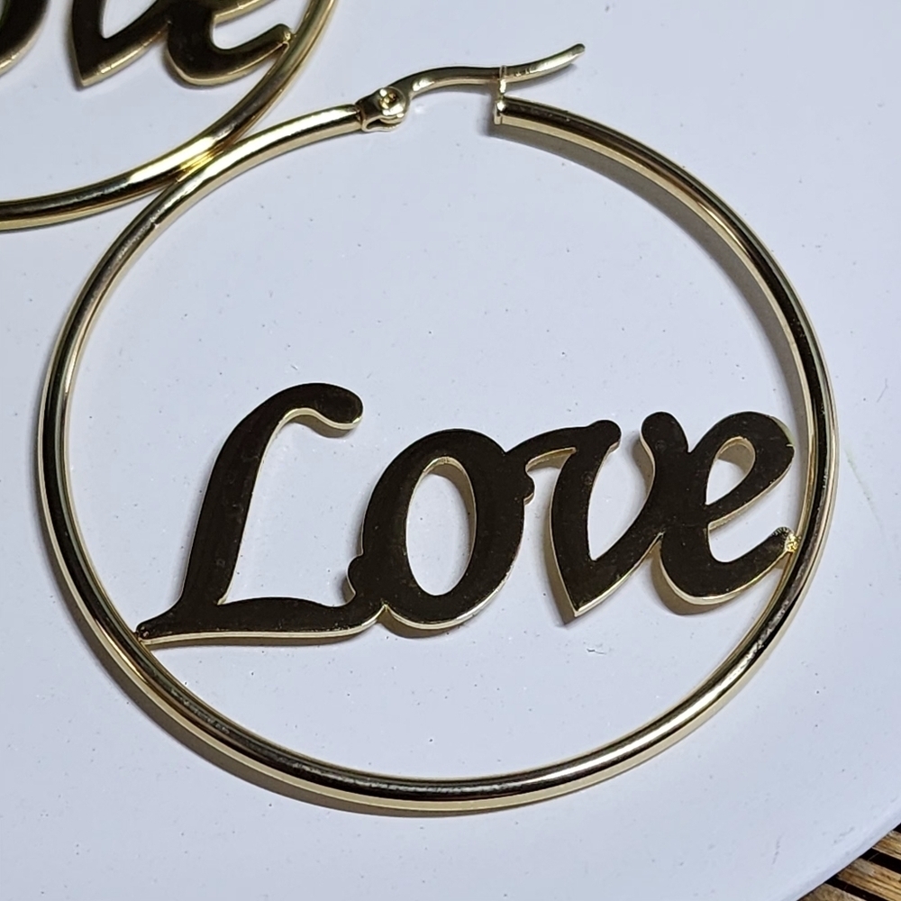 Gold Stainless Steel LOVE Hoop Earrings - Picture 3 of 7
